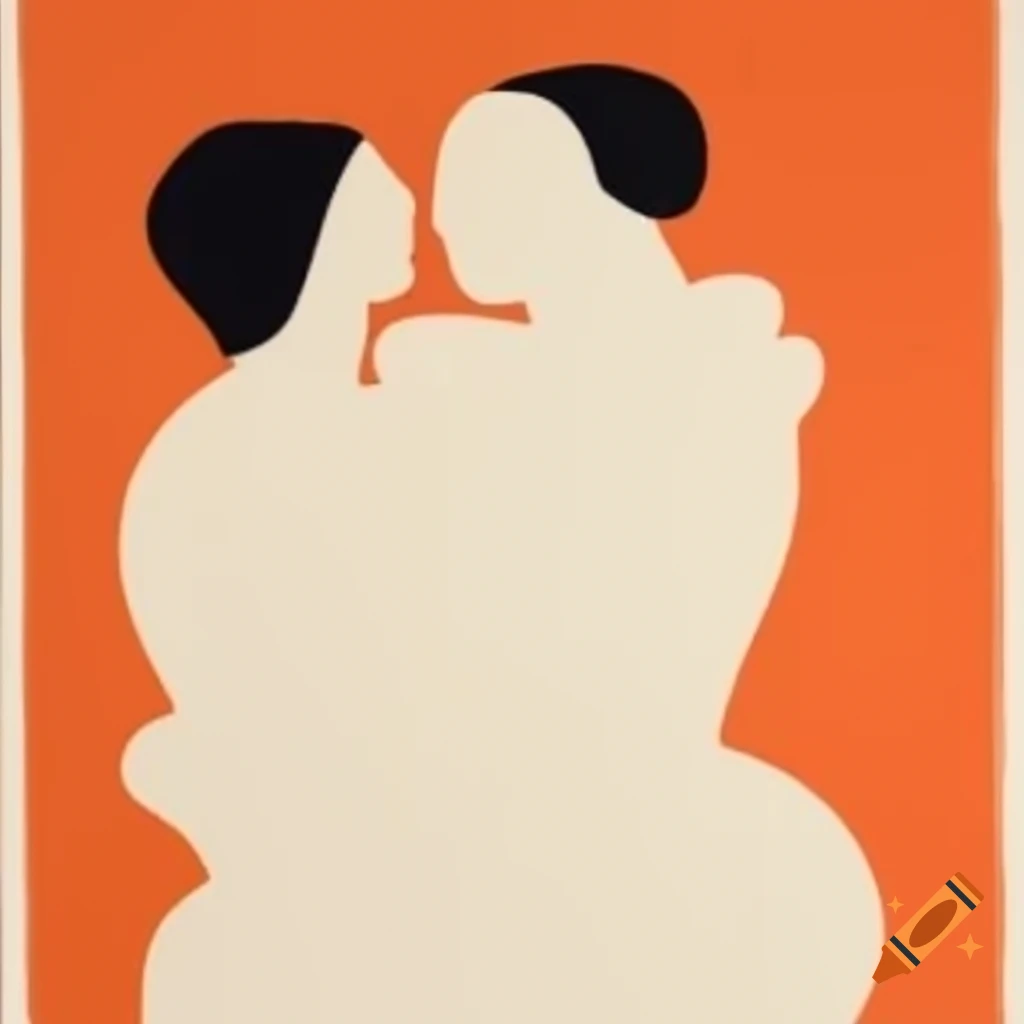 Minimalist abstract figures embracing in Matisse cutout style