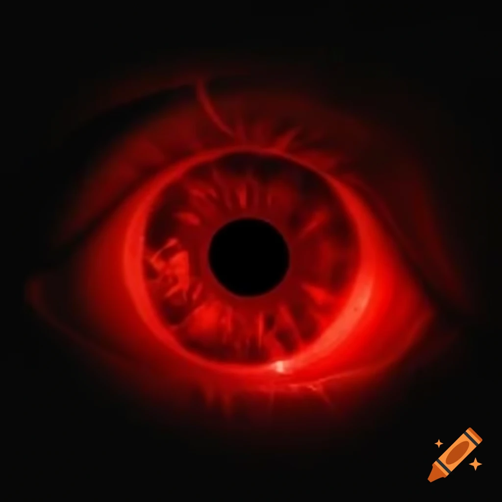 Red robotic eye with intricate design