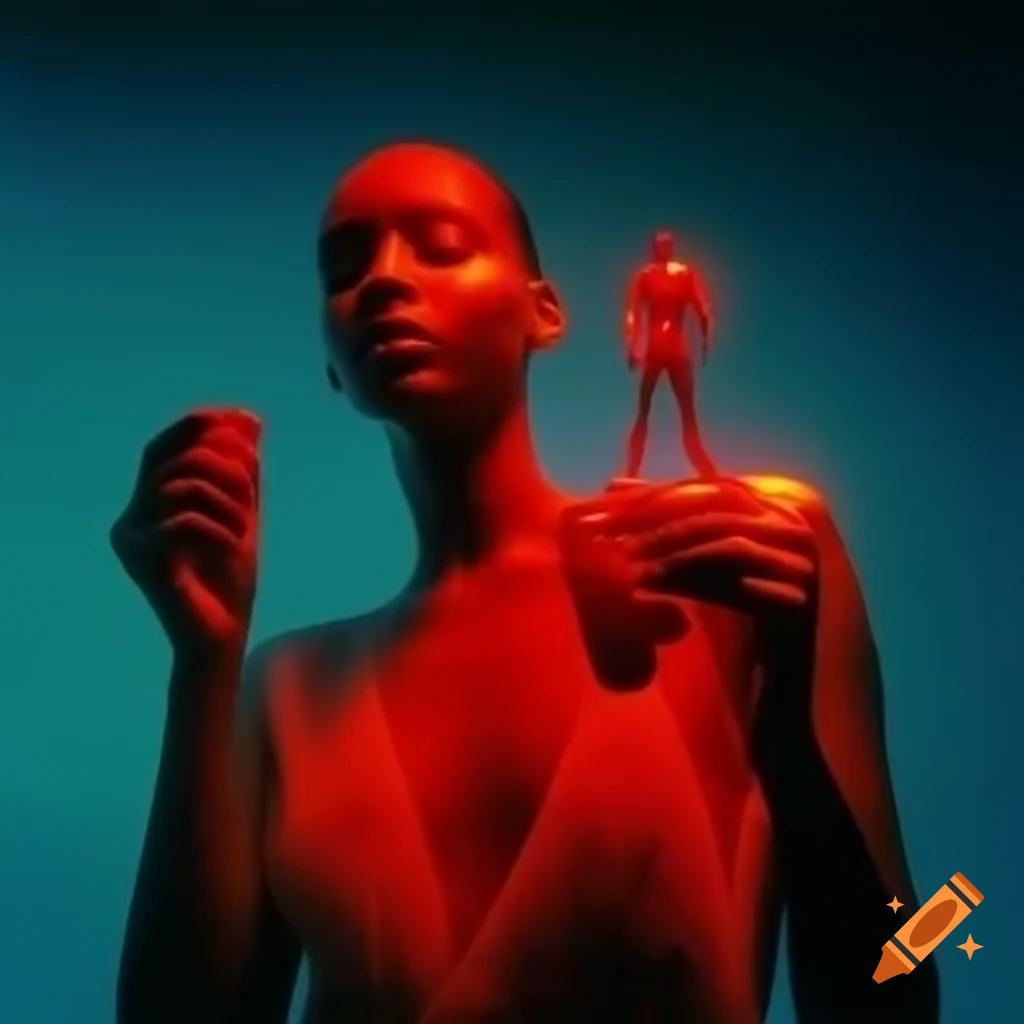 Pop surreal photography featuring red glass statue from the 2000s