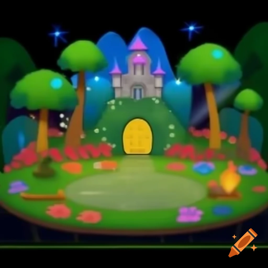 Colorful stage design featuring magical forest for kids play with trees, flowers, and cardboard castle