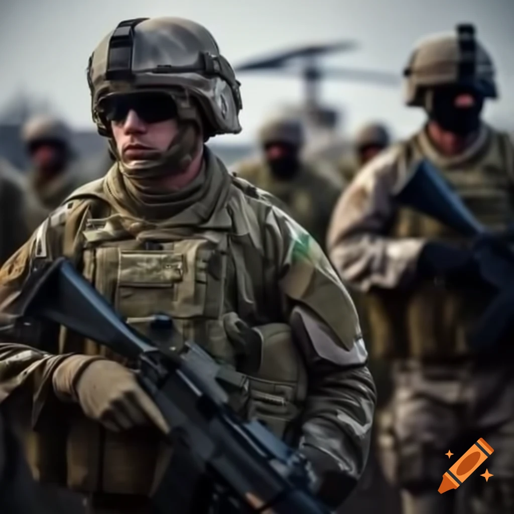 Military scene depicting equipment and personnel