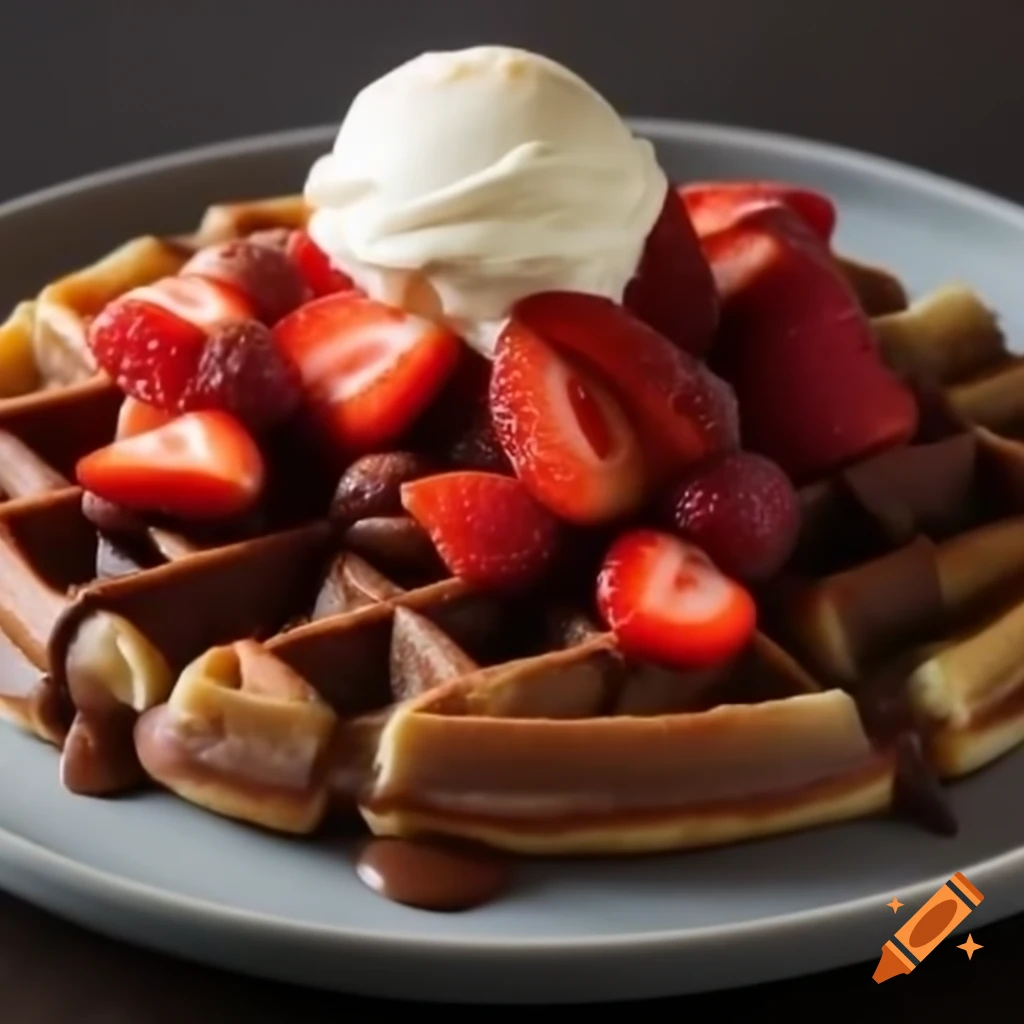 Waffle topped with Nutella, strawberries, and cream