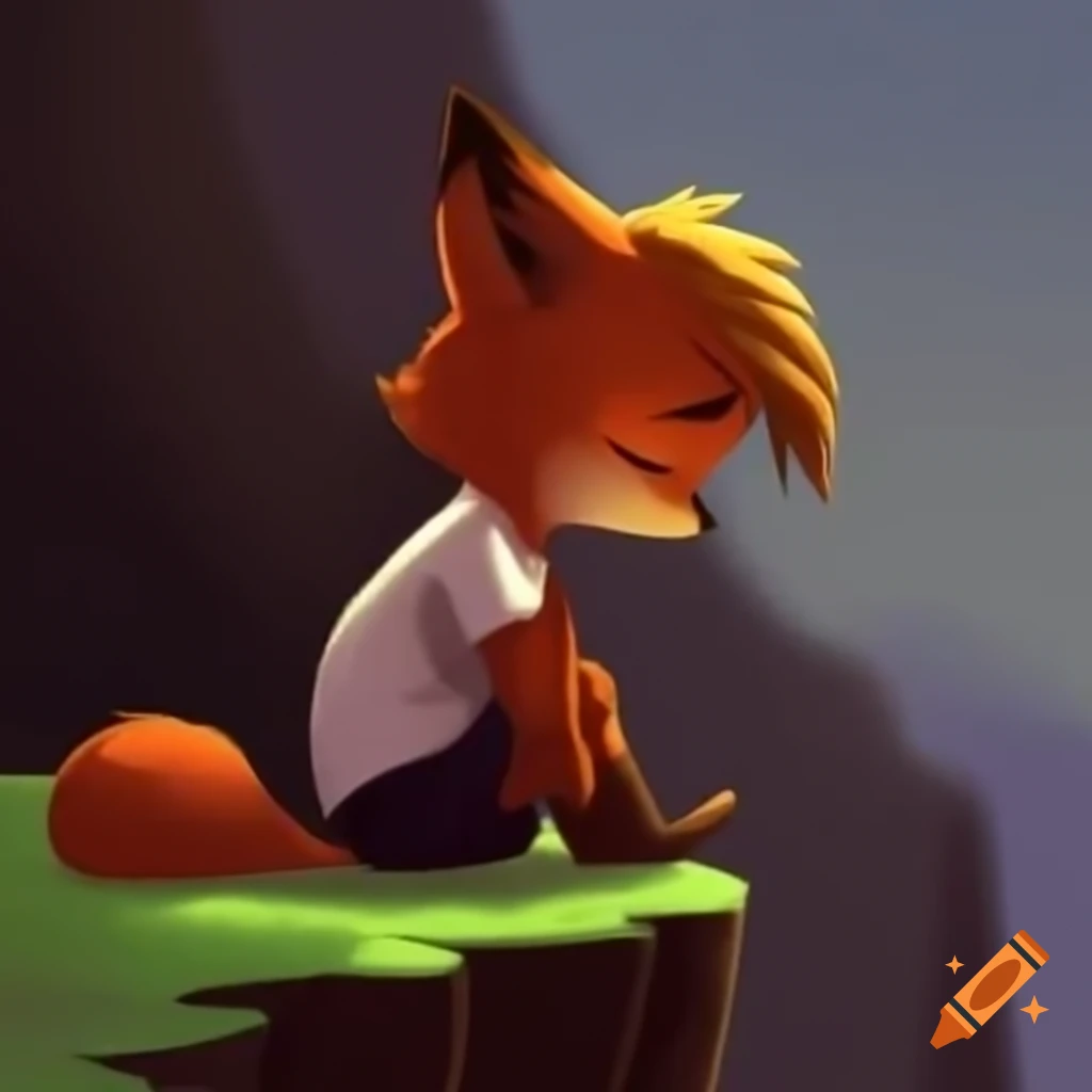 Anthropomorphic furry fox looking sad on a cliff