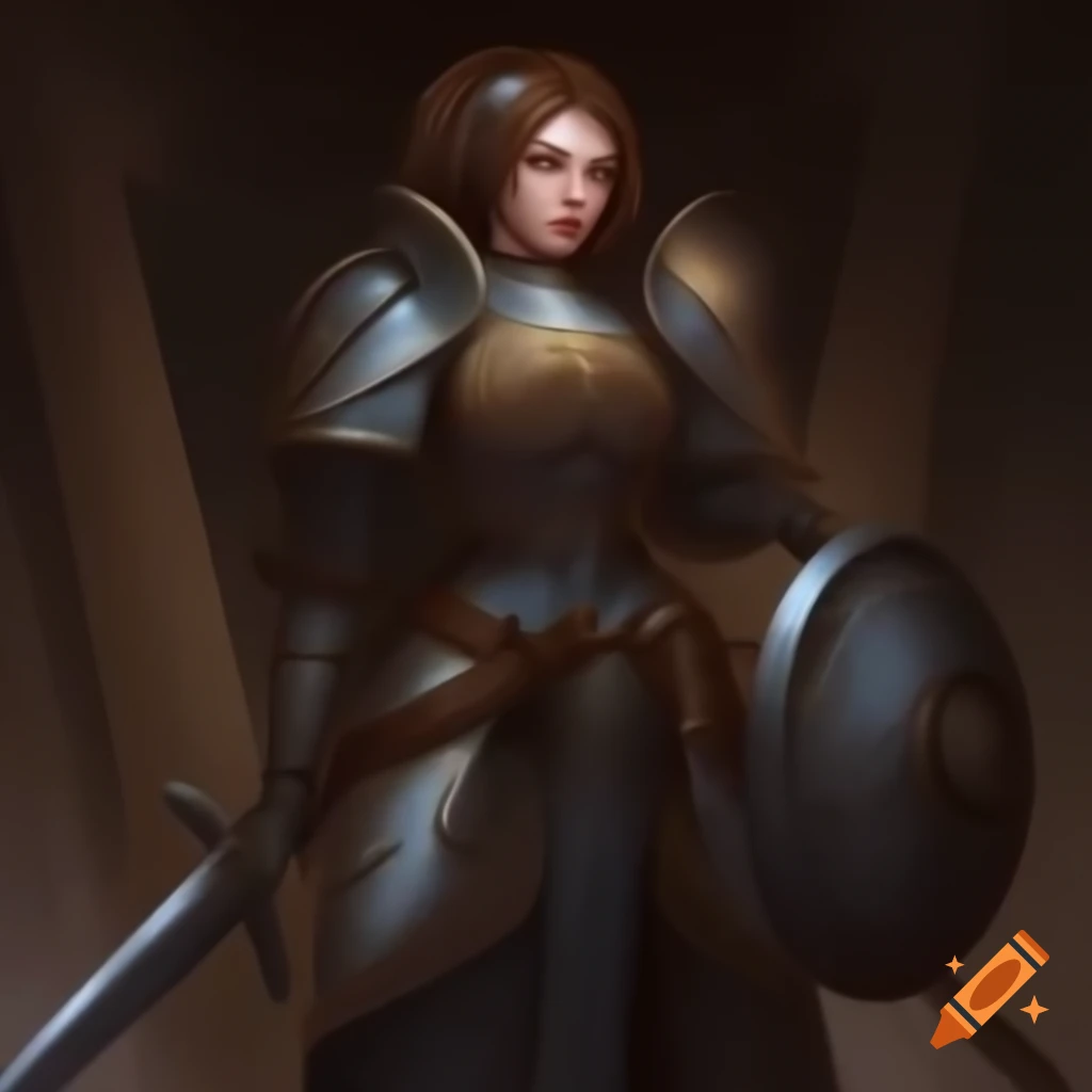 Beautiful woman in armor wielding shield and sword, dark fantasy style