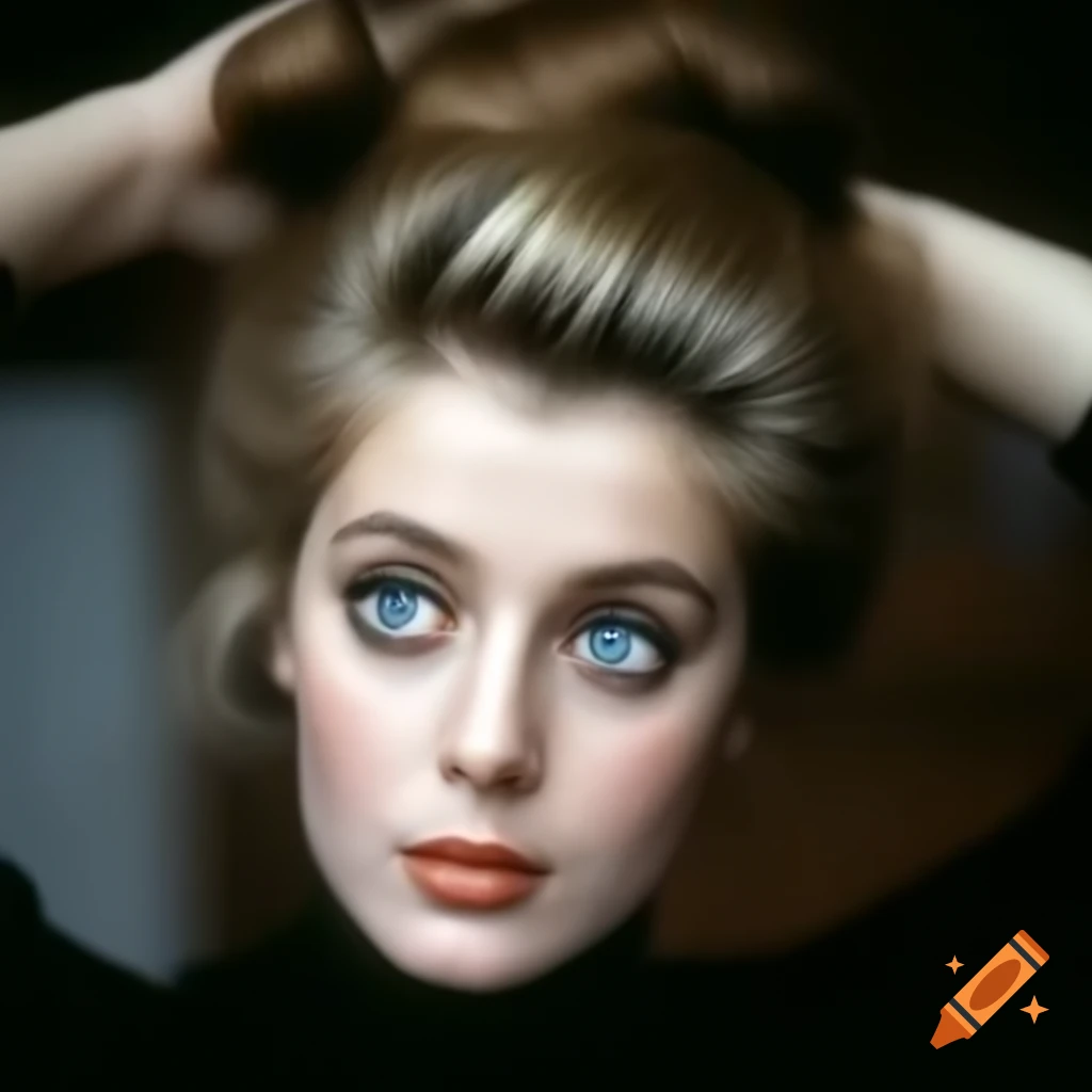 Candid shot of beautiful European actress from 1963 with striking blue eyes and blonde hair