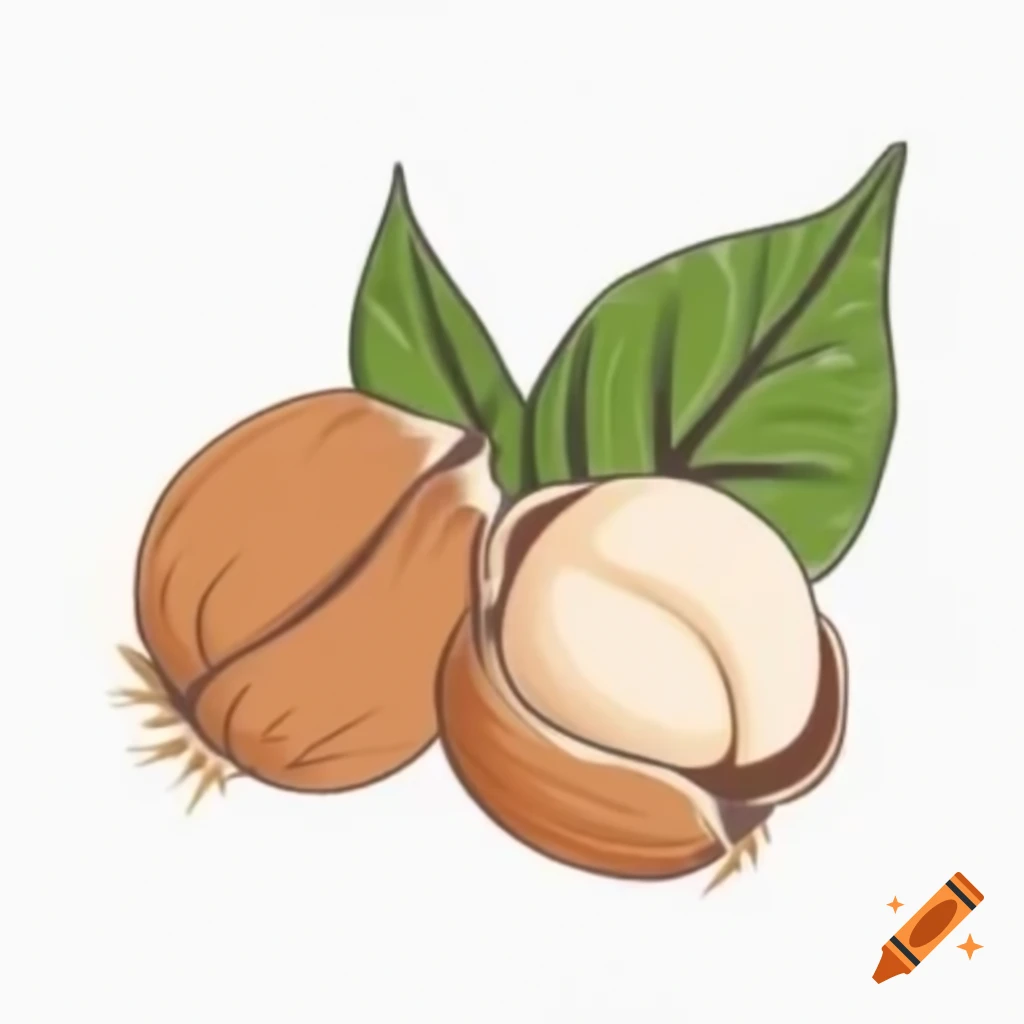 Hand drawn illustration of two hazelnuts with leaf
