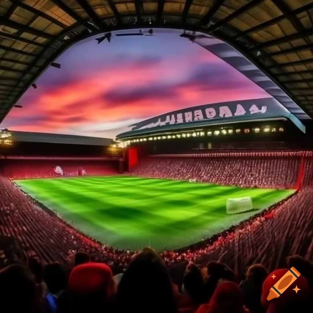 HD Liverpool FC wallpaper with packed Kop fans and 'You'll Never Walk Alone' text under sunset sky over Anfield