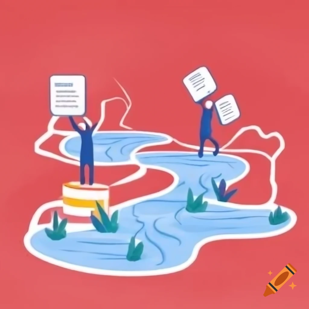 S-shaped stream with scientist stick figures holding clipboards, pencil drawing style on red background