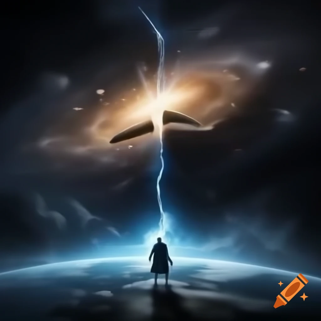 Lone man at edge of crack in earth overlooking glowing abyss
