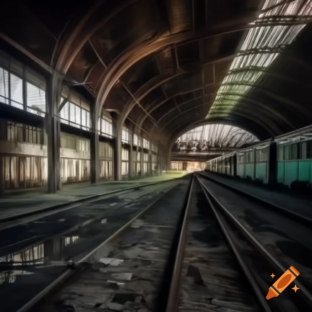 Abandoned train station with overgrown vegetation