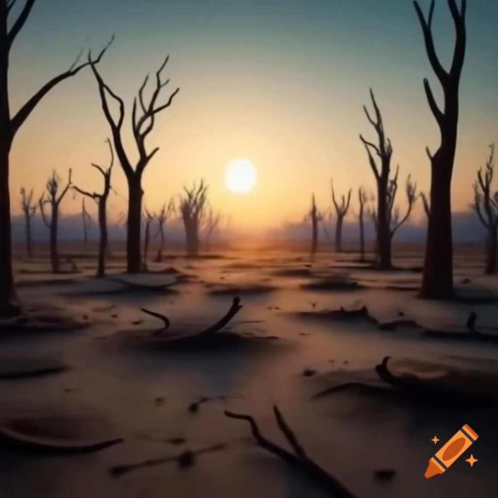 Sparse desert wasteland with burnt trees and fading sun