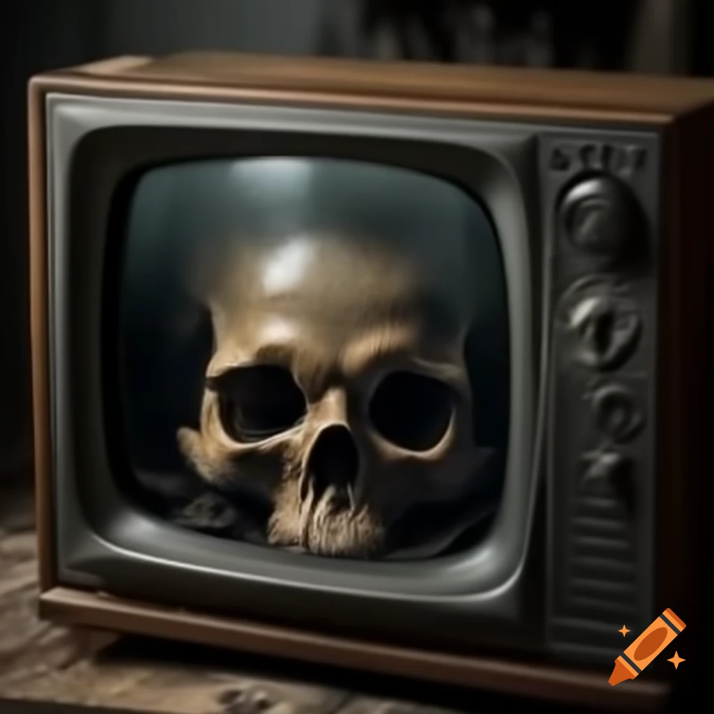 Flickering TV static showing grotesque humanoid skull from horror movie