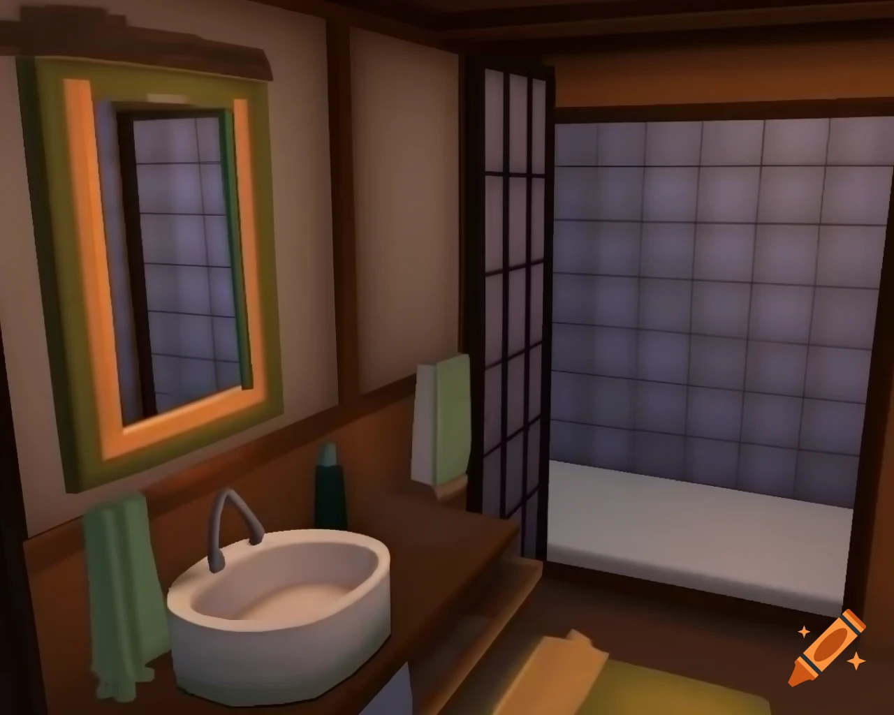 Japanese-style bathroom design in Sims 4 game
