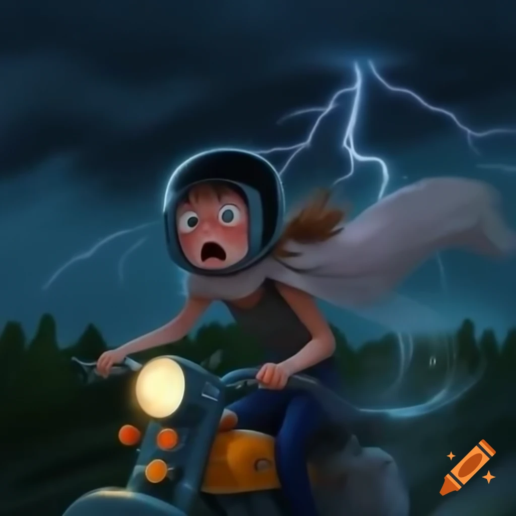 Girl with helmet riding moped in storm with lightning and heavy rain