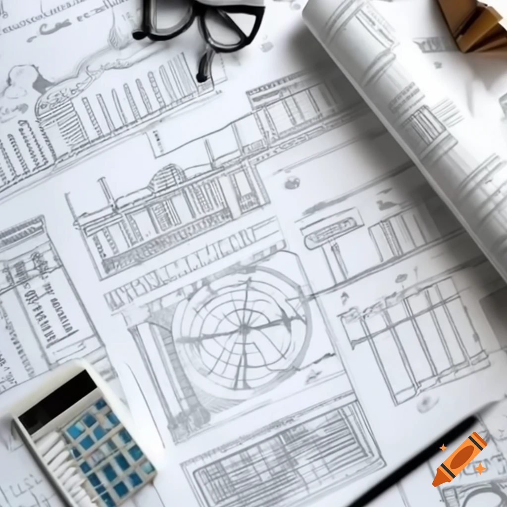 Blueprint with architectural designs and overlay of physics equations and financial charts