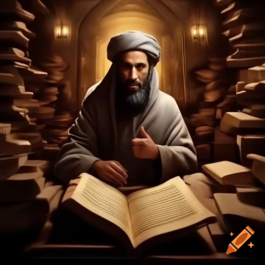 Ancient Arab poet writing in literary gathering surrounded by scrolls and manuscripts