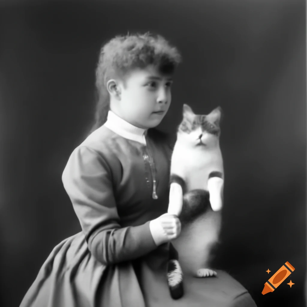 Vintage photo of Victorian lady with unusual cat