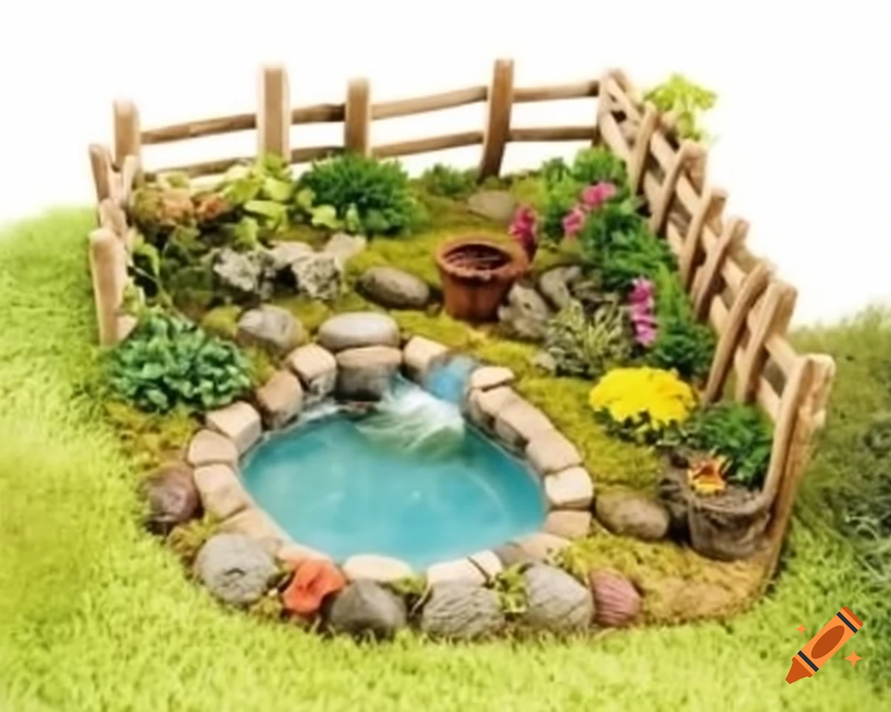Miniature diorama of a garden with flowers, wooden fences, and a well