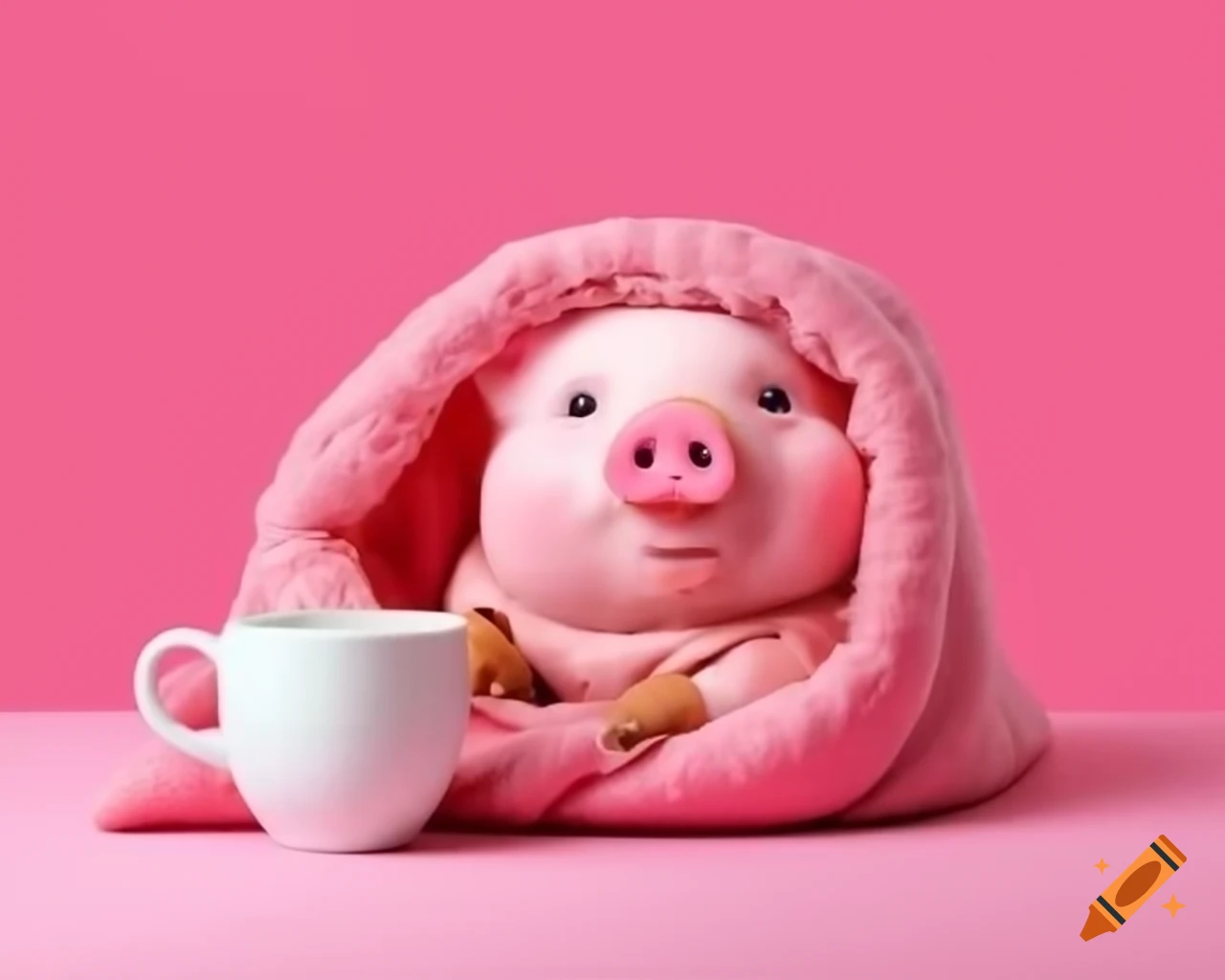 Cute piglet wrapped in a pink blanket with coffee cup on pink background