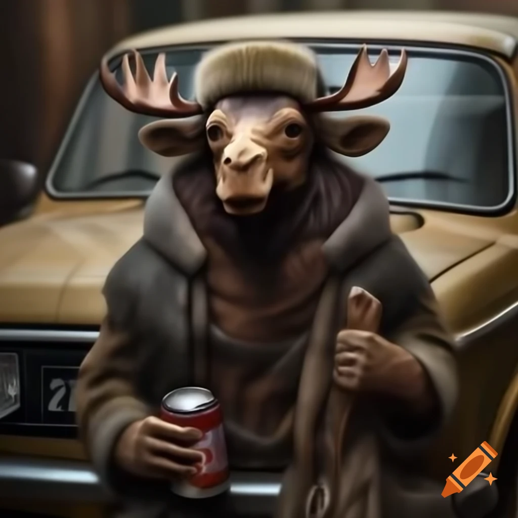Mythical creature with human body and moose head in babka dress beside old Lada car