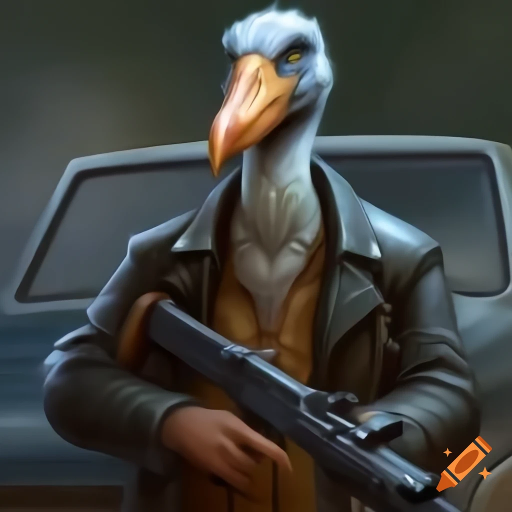 Human-bodied creature with Shoebill head in leather jacket holding rifle next to old Mazda car