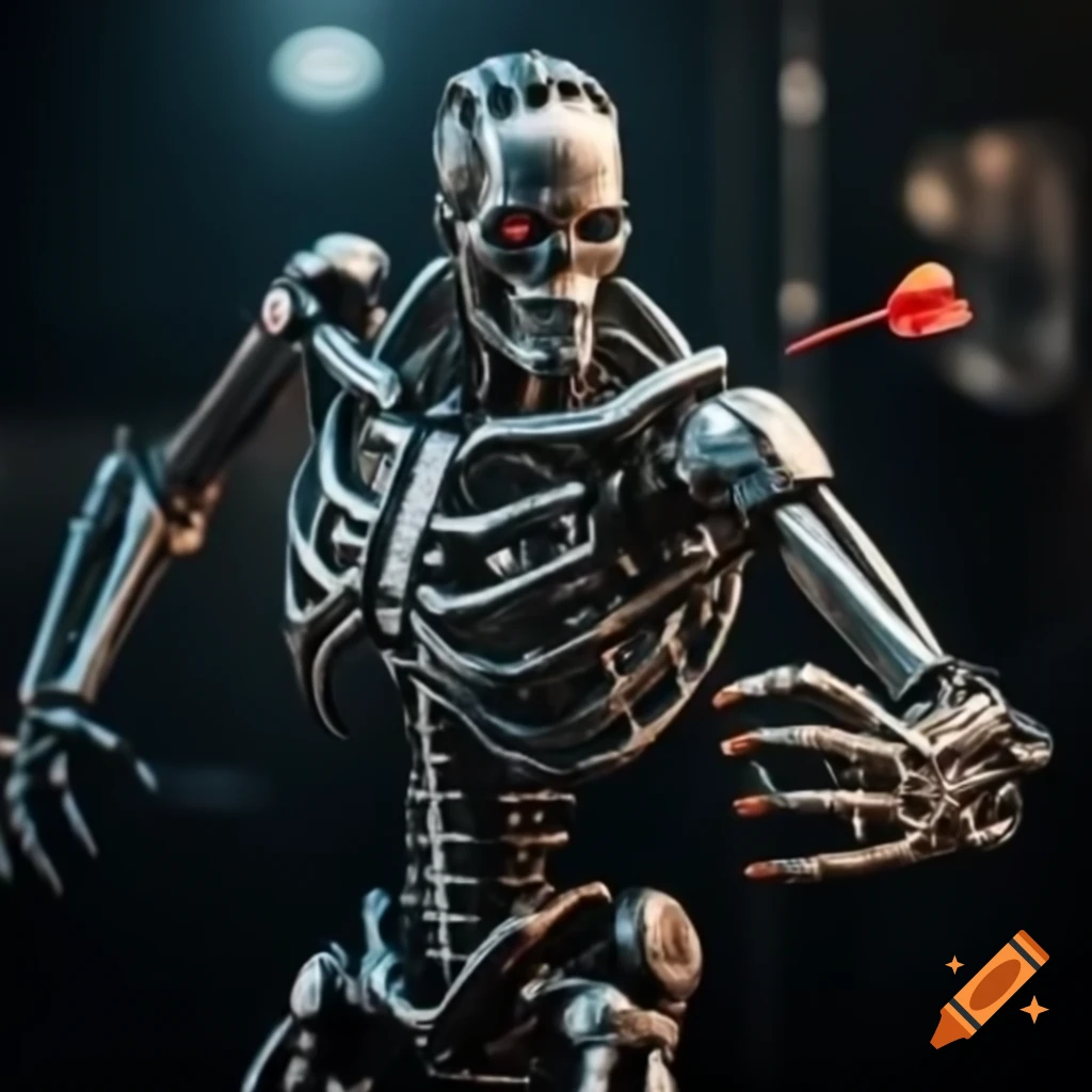 T-800 terminator playing darts