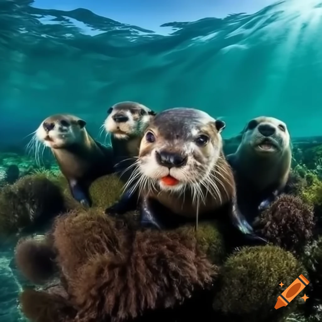 Otters eating sea urchins in seaweed-filled sea, realistic long shot