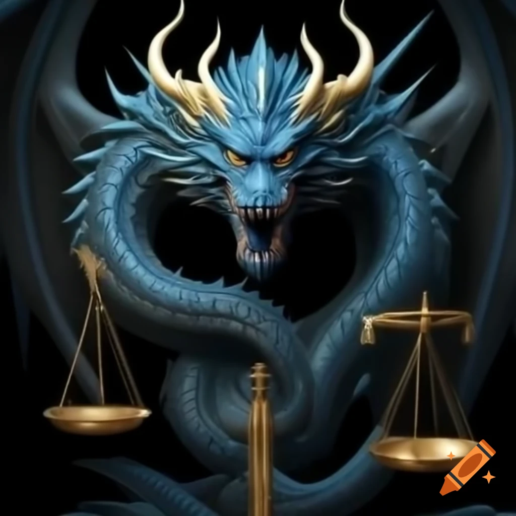 Chinese-style dragon with dark blue scales and gold spikes holding Libra scales