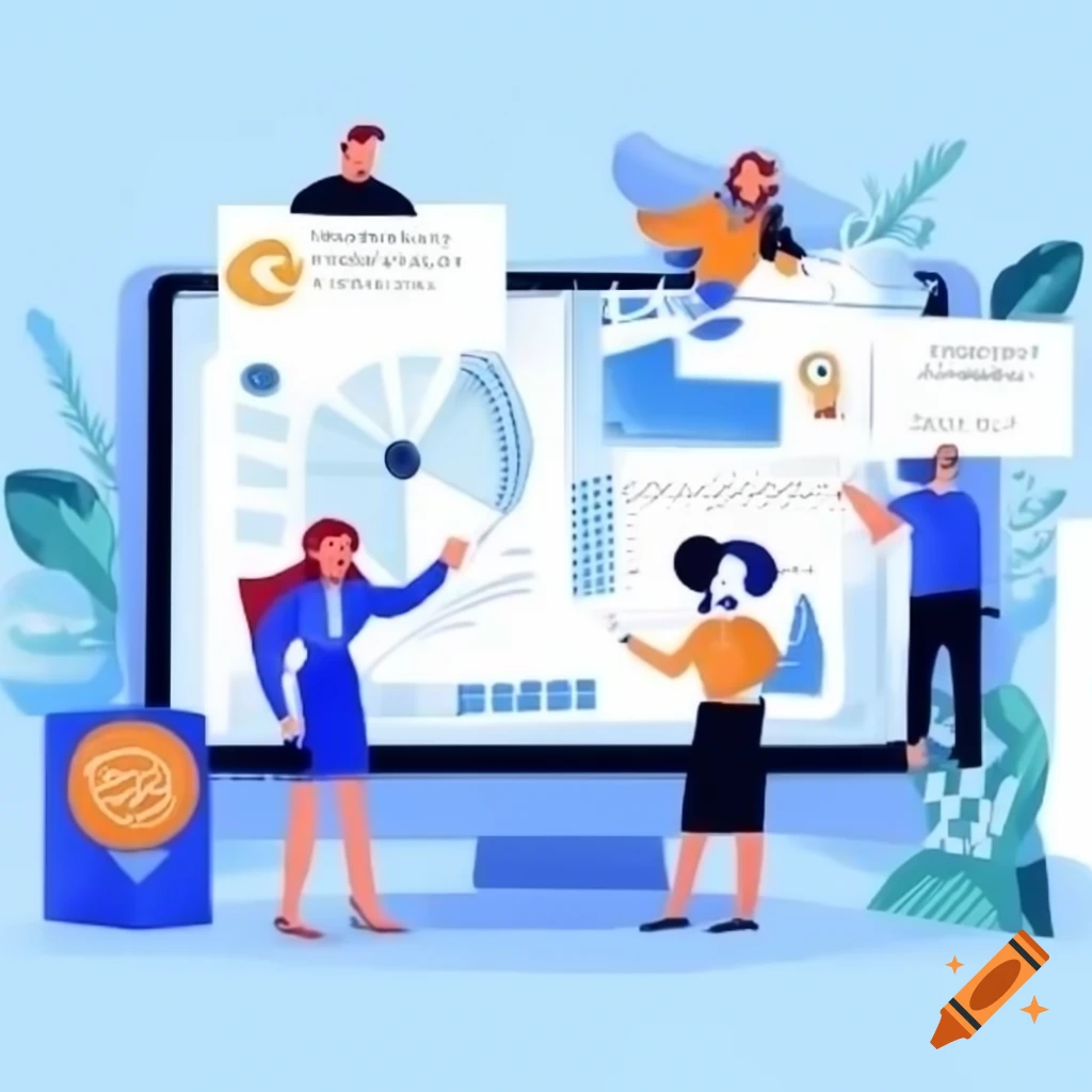 Illustration of journalists interacting with graphics and data on a screen