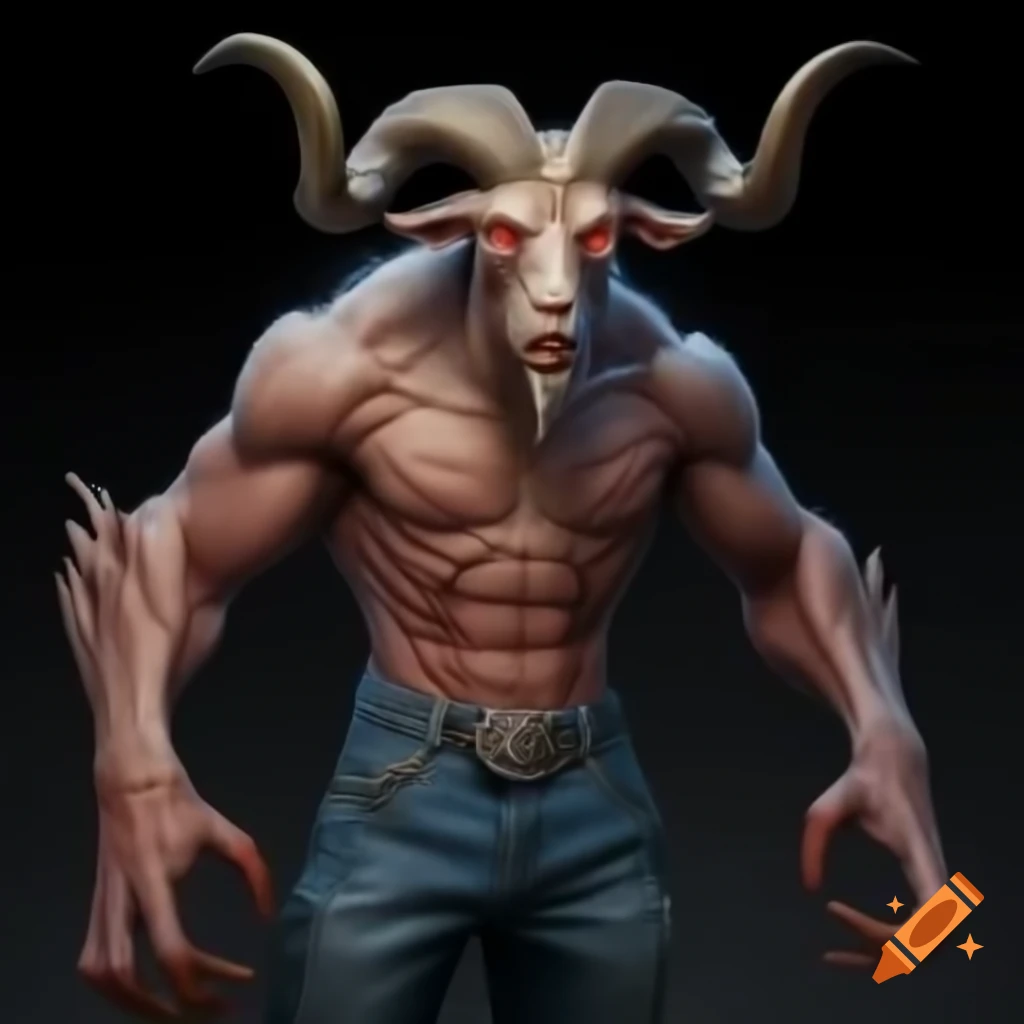 Goat-headed demon with large horns and muscular legs in strong standing posture