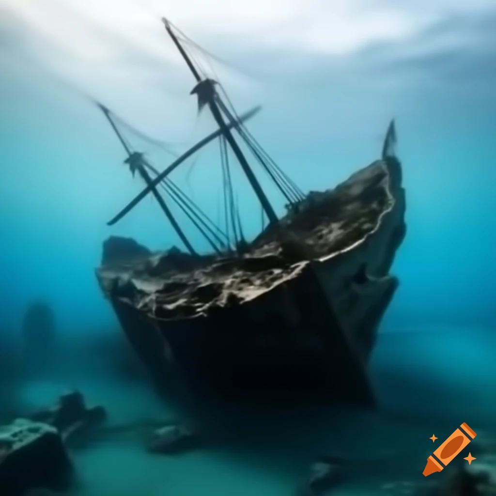 Underwater shipwreck site with marine life