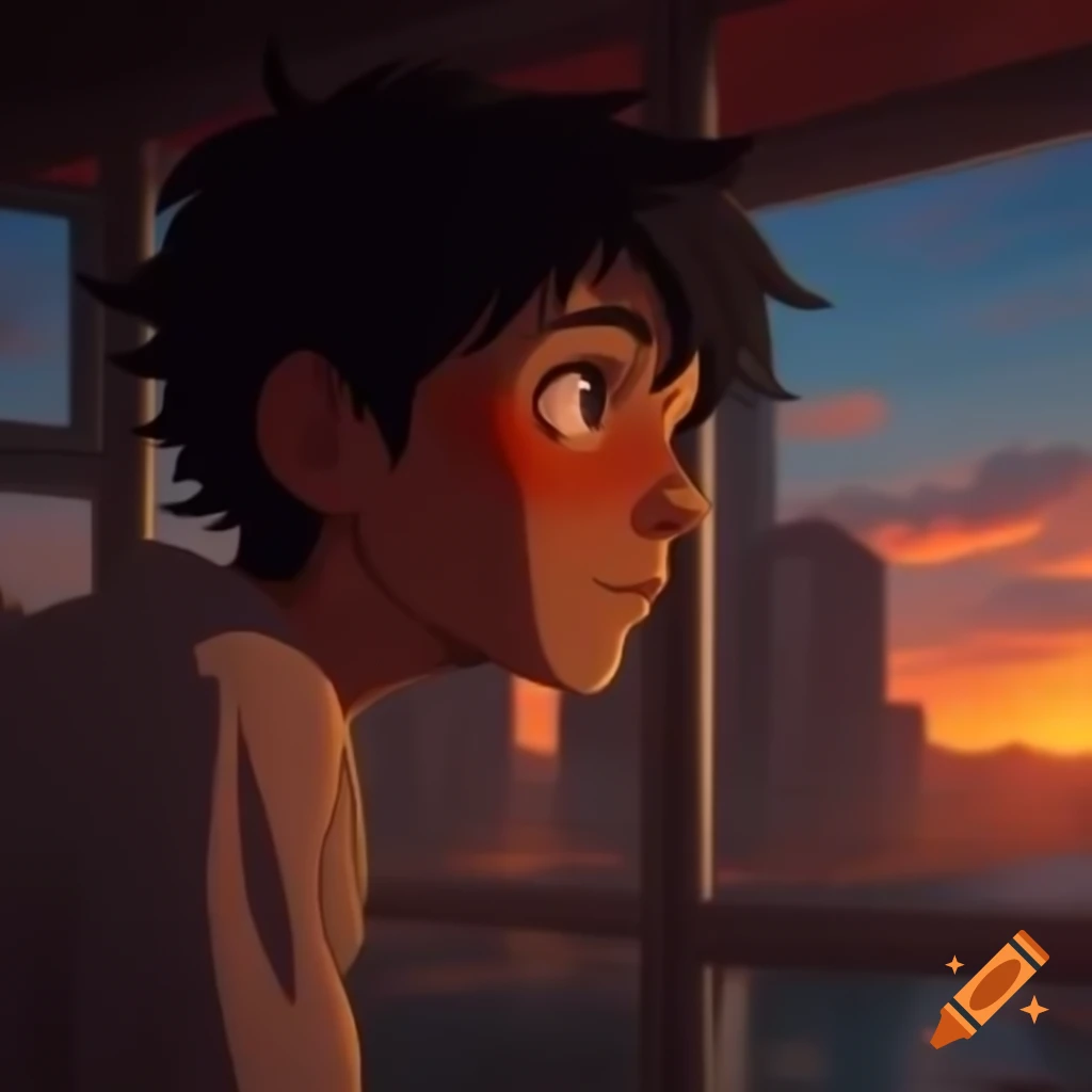 Tall man with honey skin and black hair standing by studio window at sunset in riverside city