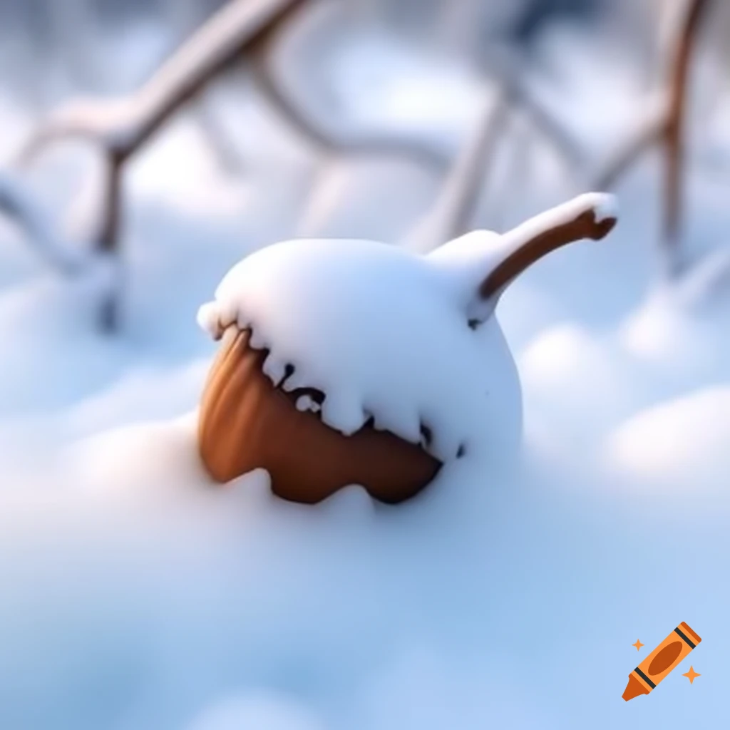 Acorn buried in snow with roots emerging from frozen ground