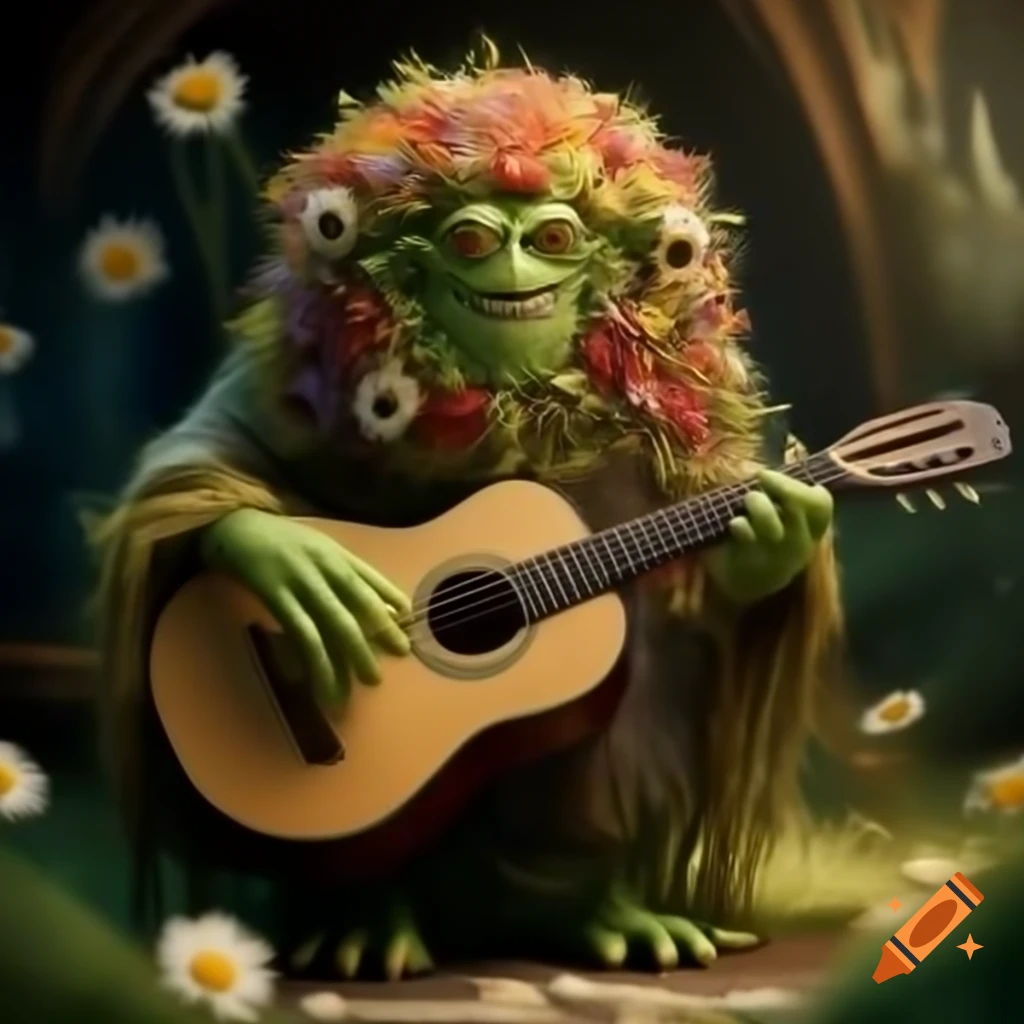 Wildflower flower monster playing acoustic guitar in a hobbit hovel