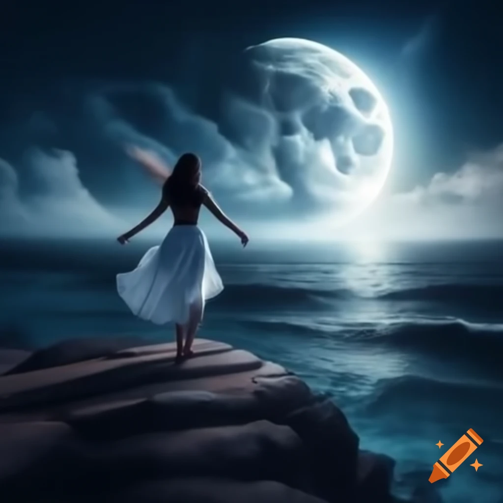 Brunette girl at cliff overlooking ocean, reaching hand towards full moon