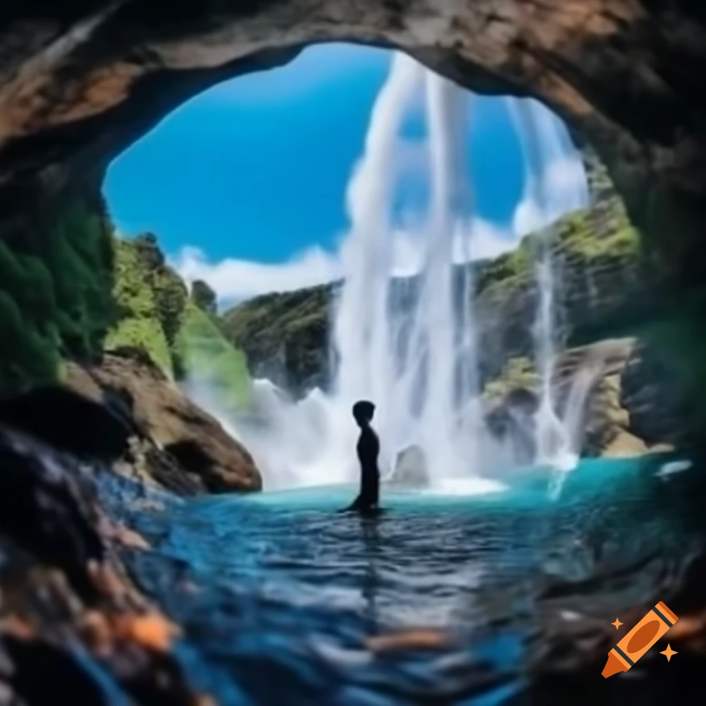 Pristine waterfall with silhouette of person drinking water