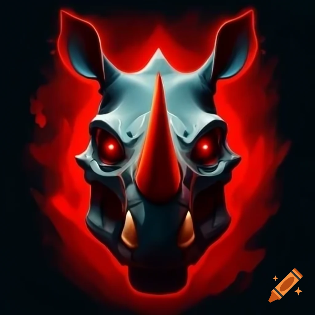 Abstract rhinoceros skull profile with red eyes and horn on crimson background