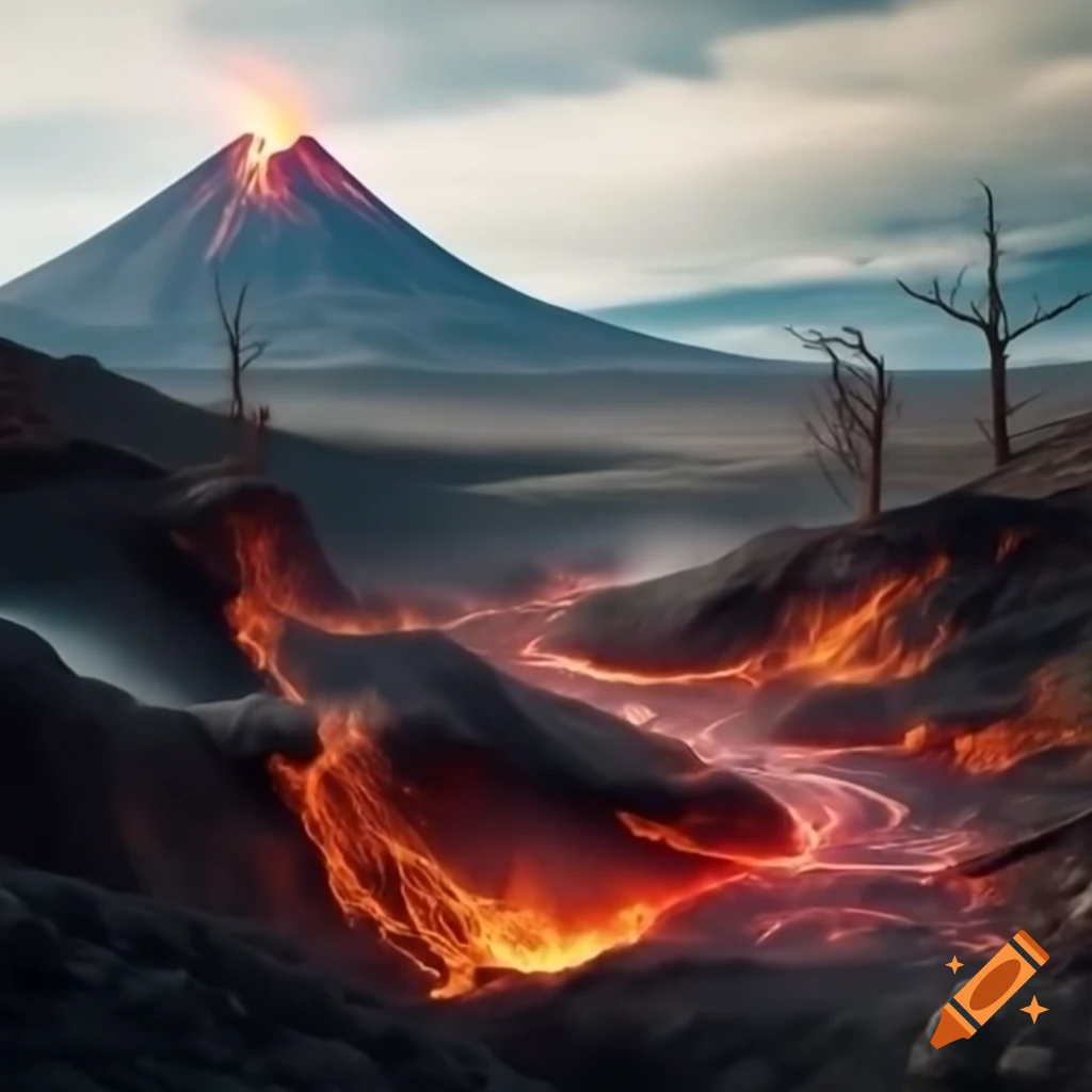 Volcanic landscape featuring a volcano surrounded by lava streams and dead trees
