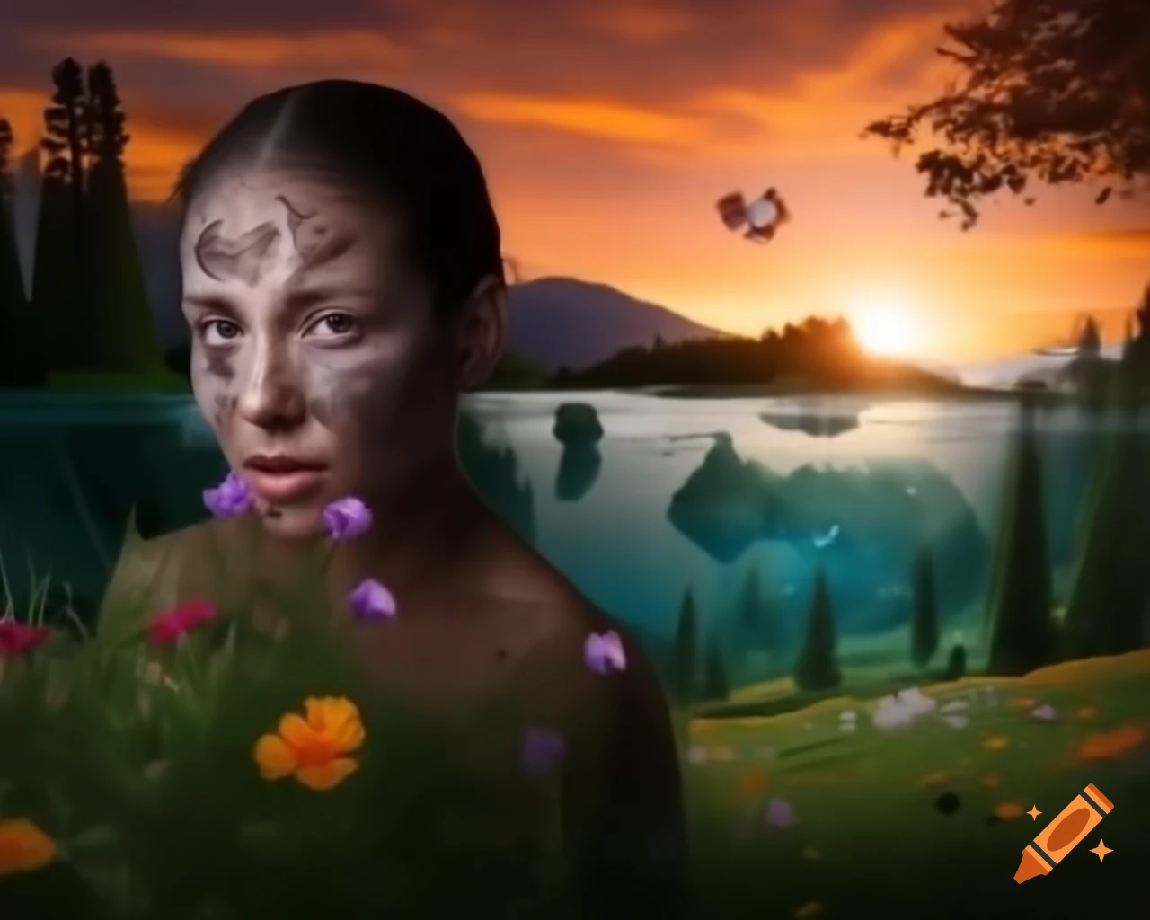 Surreal lifelike woman surrounded by ancient trees and wildflowers