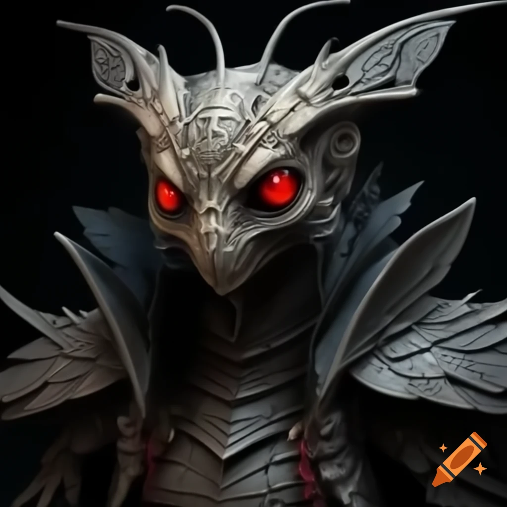 Mothman cryptid character with red eyes and feather antennas in full figure