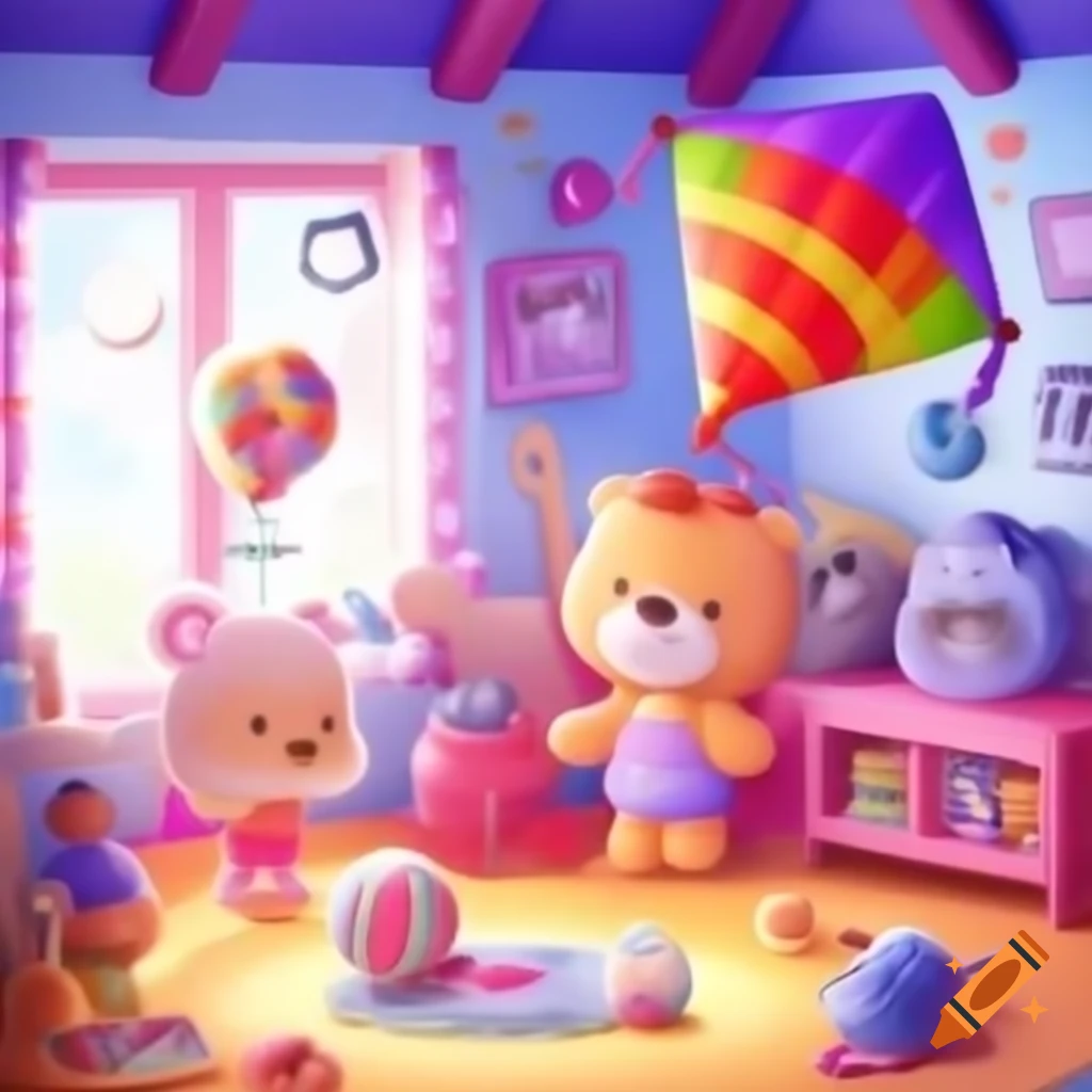Colorful cartoon room filled with toys like teddy bear, kite, and toy car