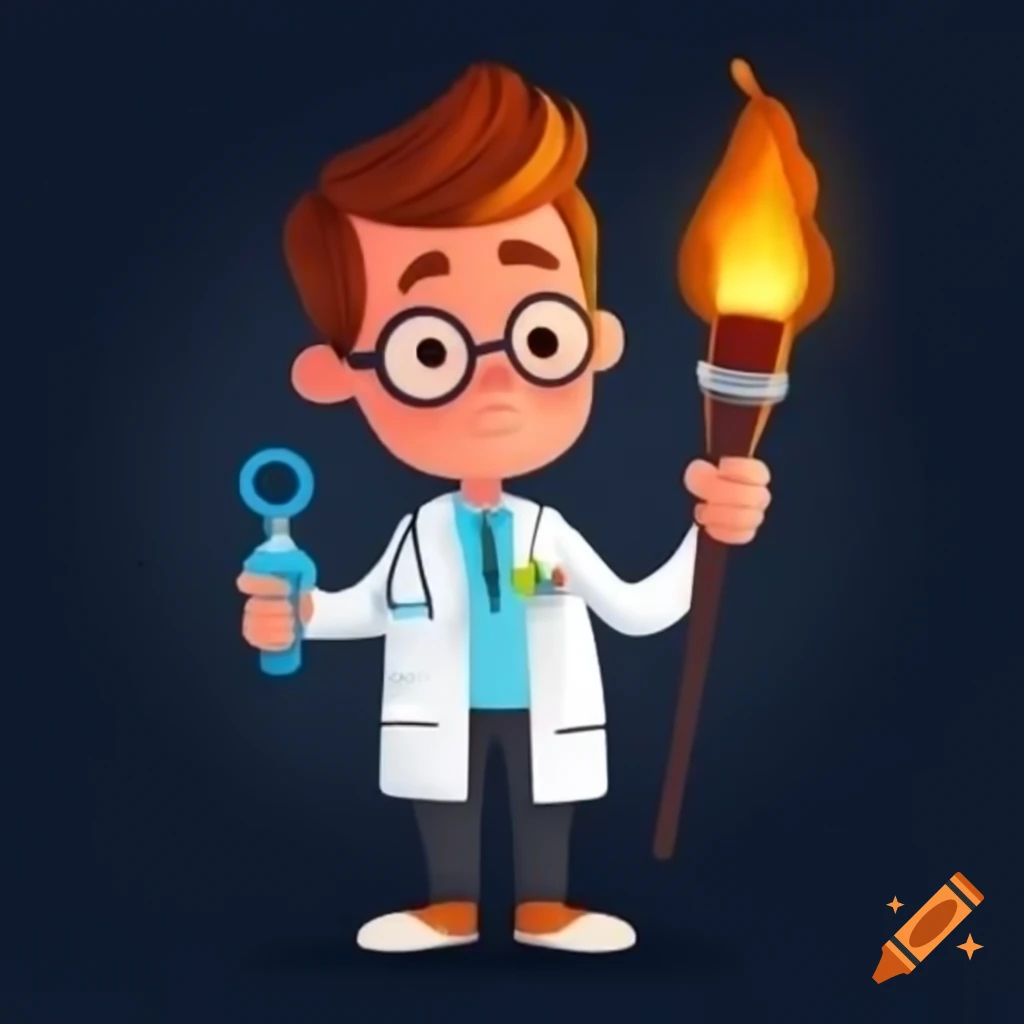 Cartoon scientist holding torch