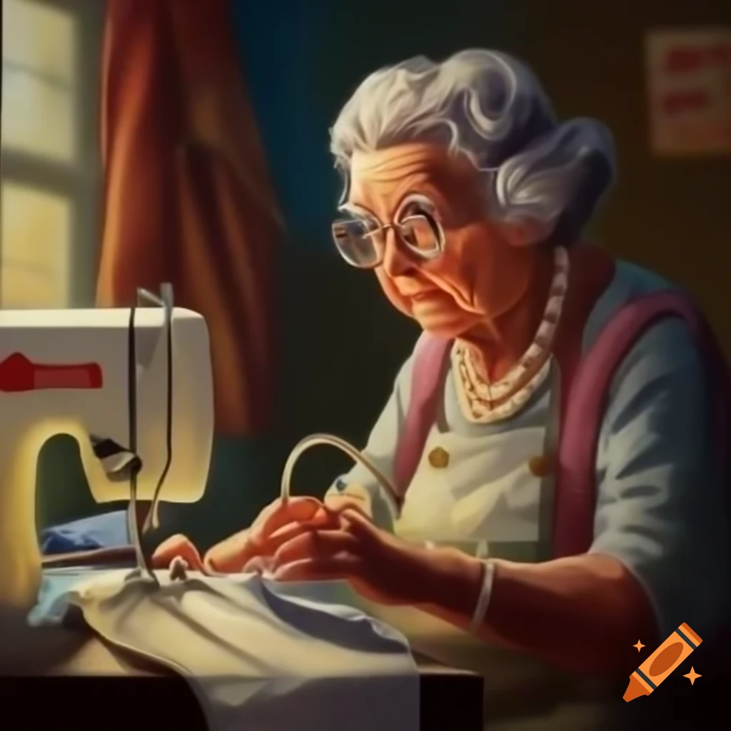 Elderly woman at sewing machine wearing spectacles and pearls with auntie-social logo