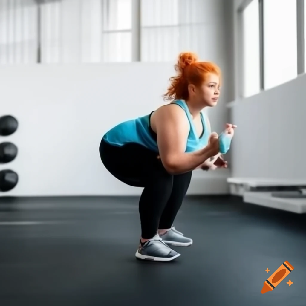 Chubby woman with curly orange hair in gym squatting while eating ice cream