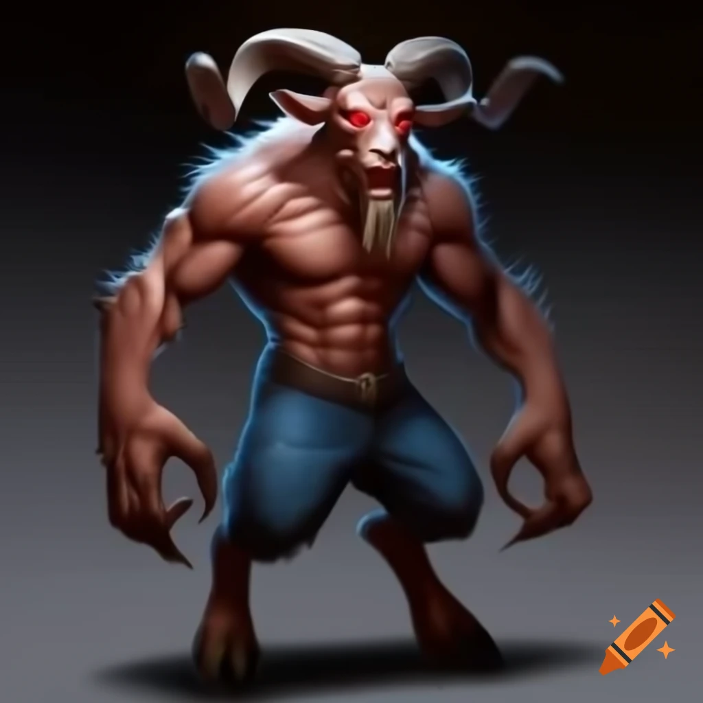 Realistic goat-headed demon with large horns and muscular legs, standing in serious pose