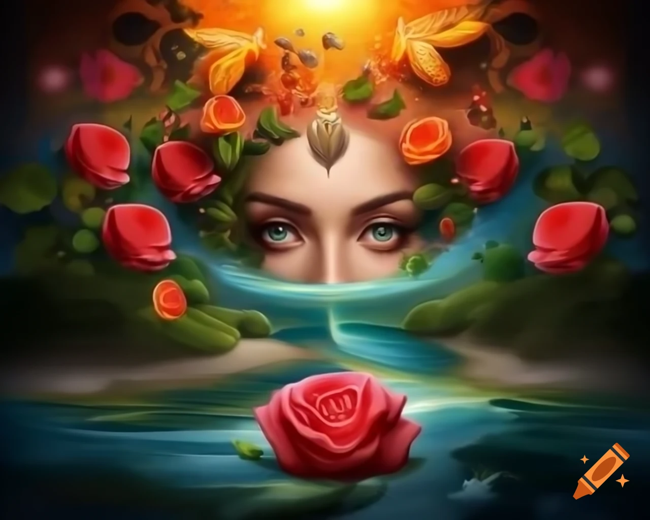 Hyper realistic depiction of a beautiful woman with golden hair in a dreamlike setting