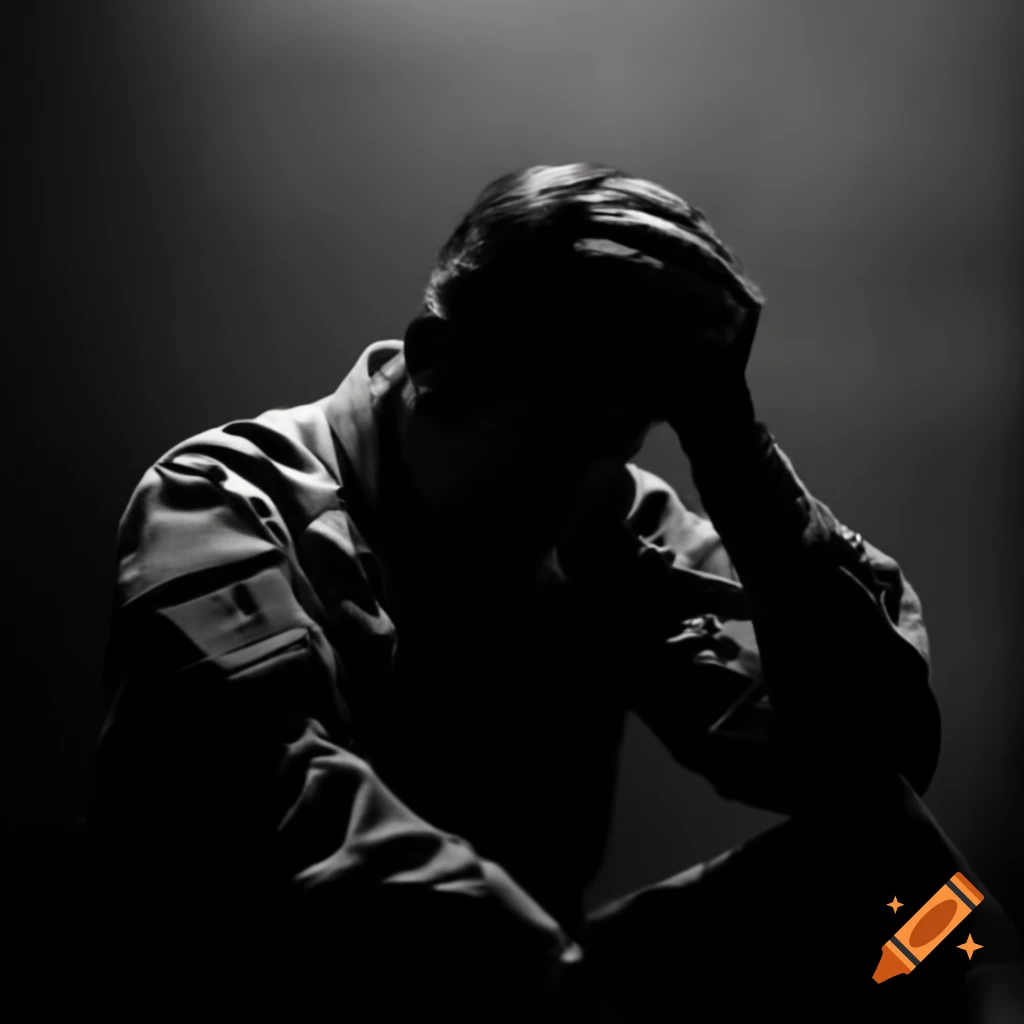 Depressed soldier holding head in contemplation