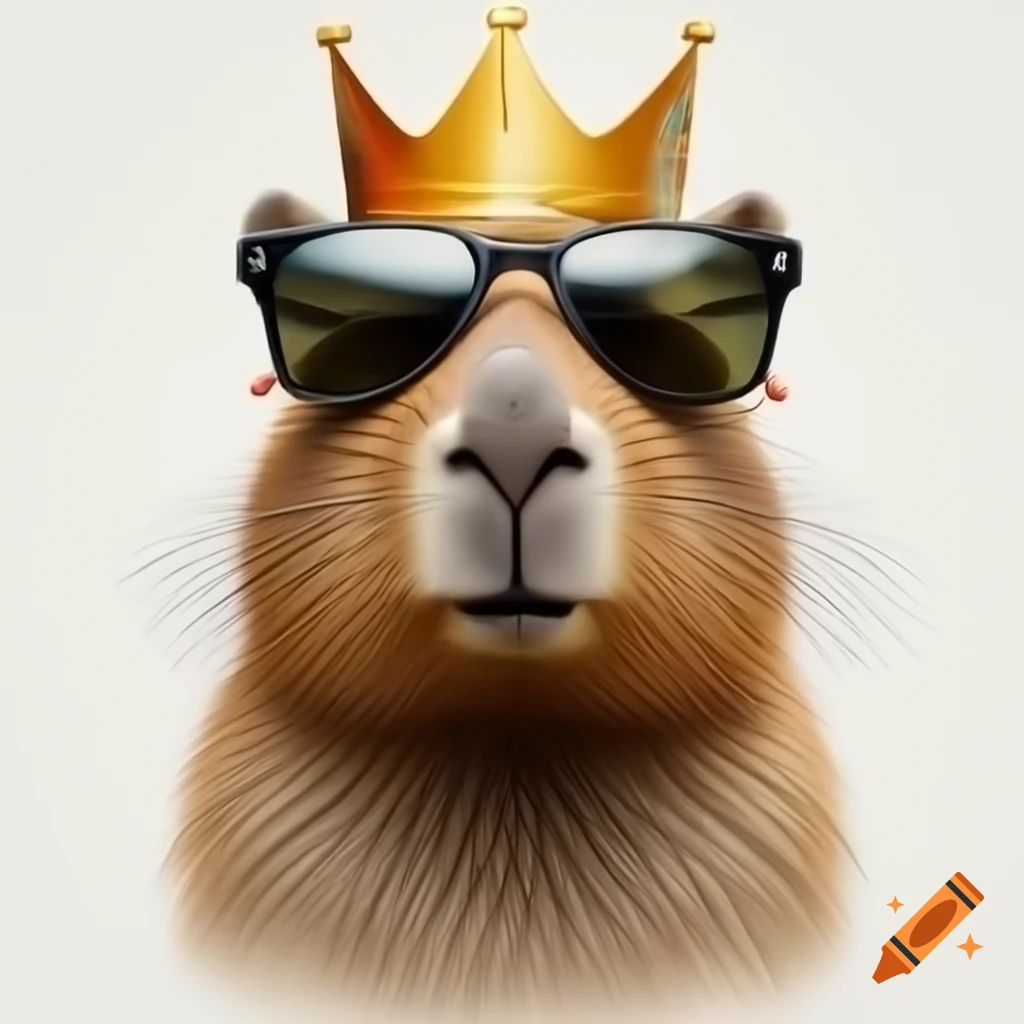 Realistic drawing of capybara head wearing sunglasses and crown on white background