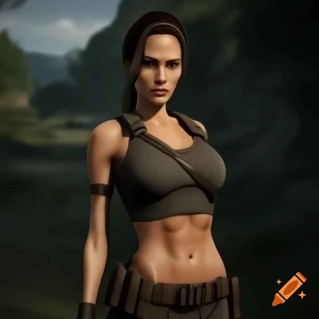 Portrait of Angelina Jolie as Lara Croft highlighting athletic physique