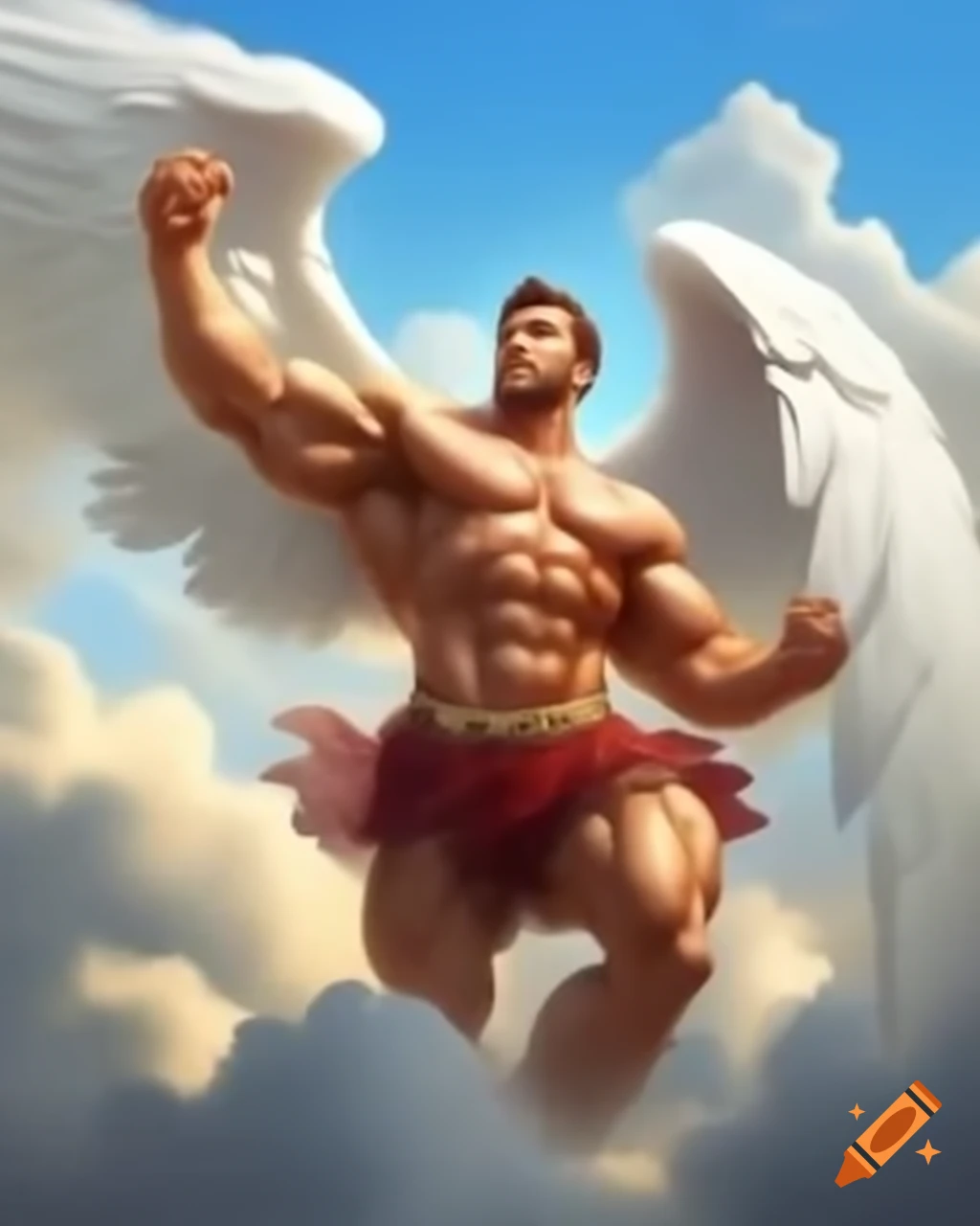 Muscular angel and his human male partner on clouds